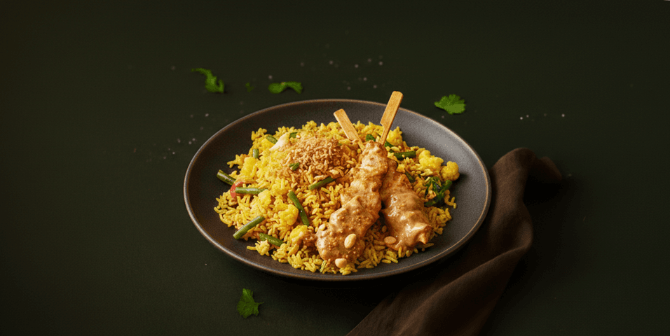 Nasi met kipspiesjes in authentieke pindasaus