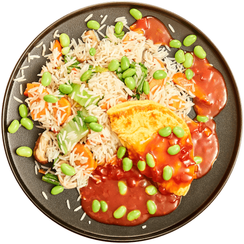 Foe Yong Hai met rijst en edamame boontjes
