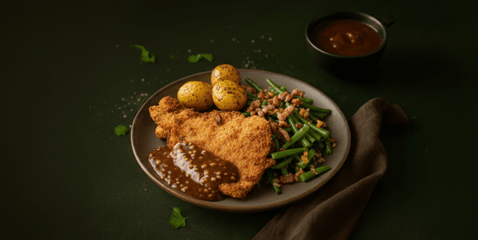 Kipschnitzel in pepersaus met sperziebonen en krieltjes