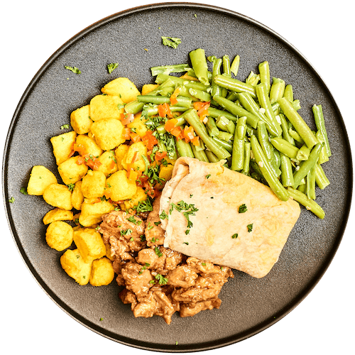 Surinaamse roti met kip, sperziebonen en aardappelen