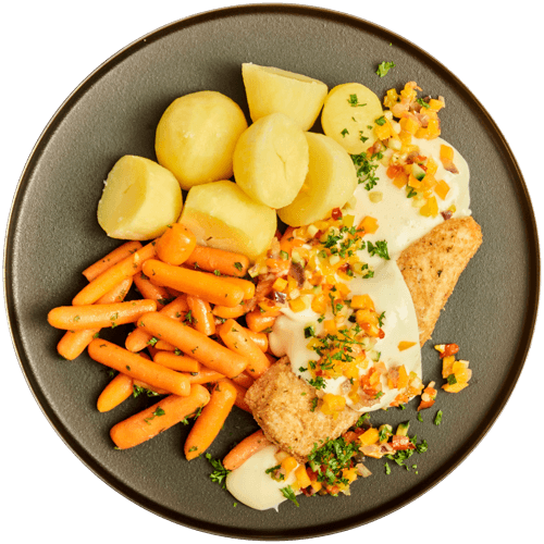 Heekfilet in hollandsaisesaus met wortels en aardappelen