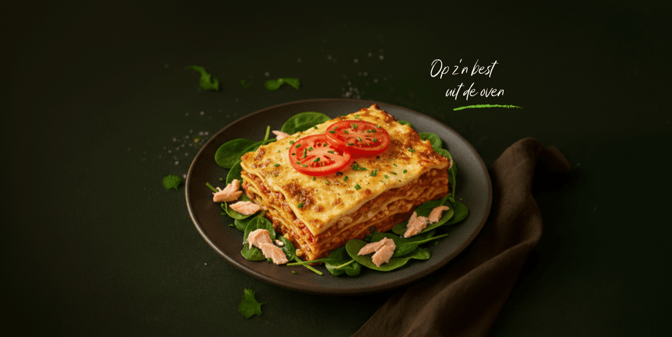 Lasagne van zalm, spinazie en trostomaat