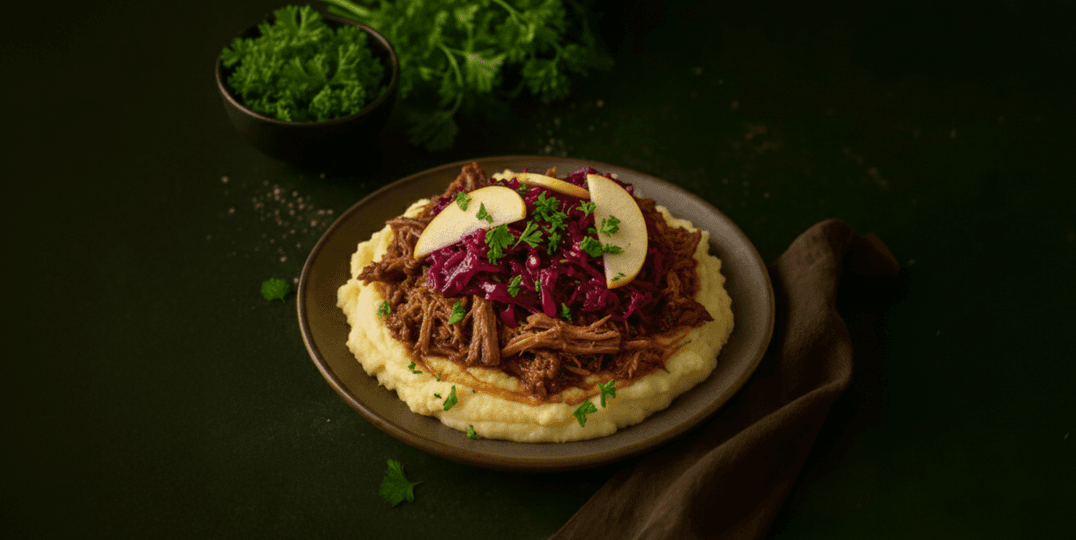 Rodekoolschotel met draadjesvlees en aardappelpuree