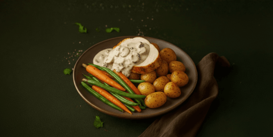Kiprollade in champignonsaus met worteltjes, bonen en krieltjes