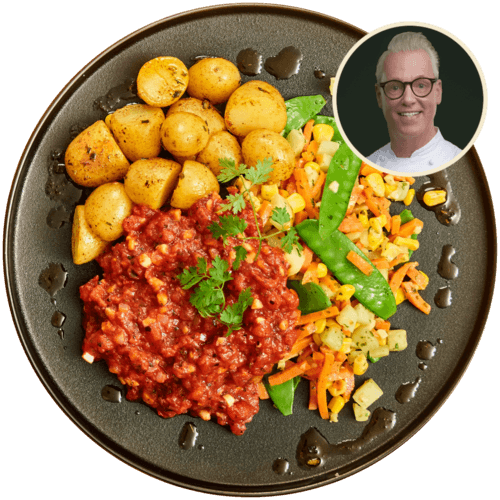 Sudderburger in tomatensaus, groenten en barbecuekrieltjes