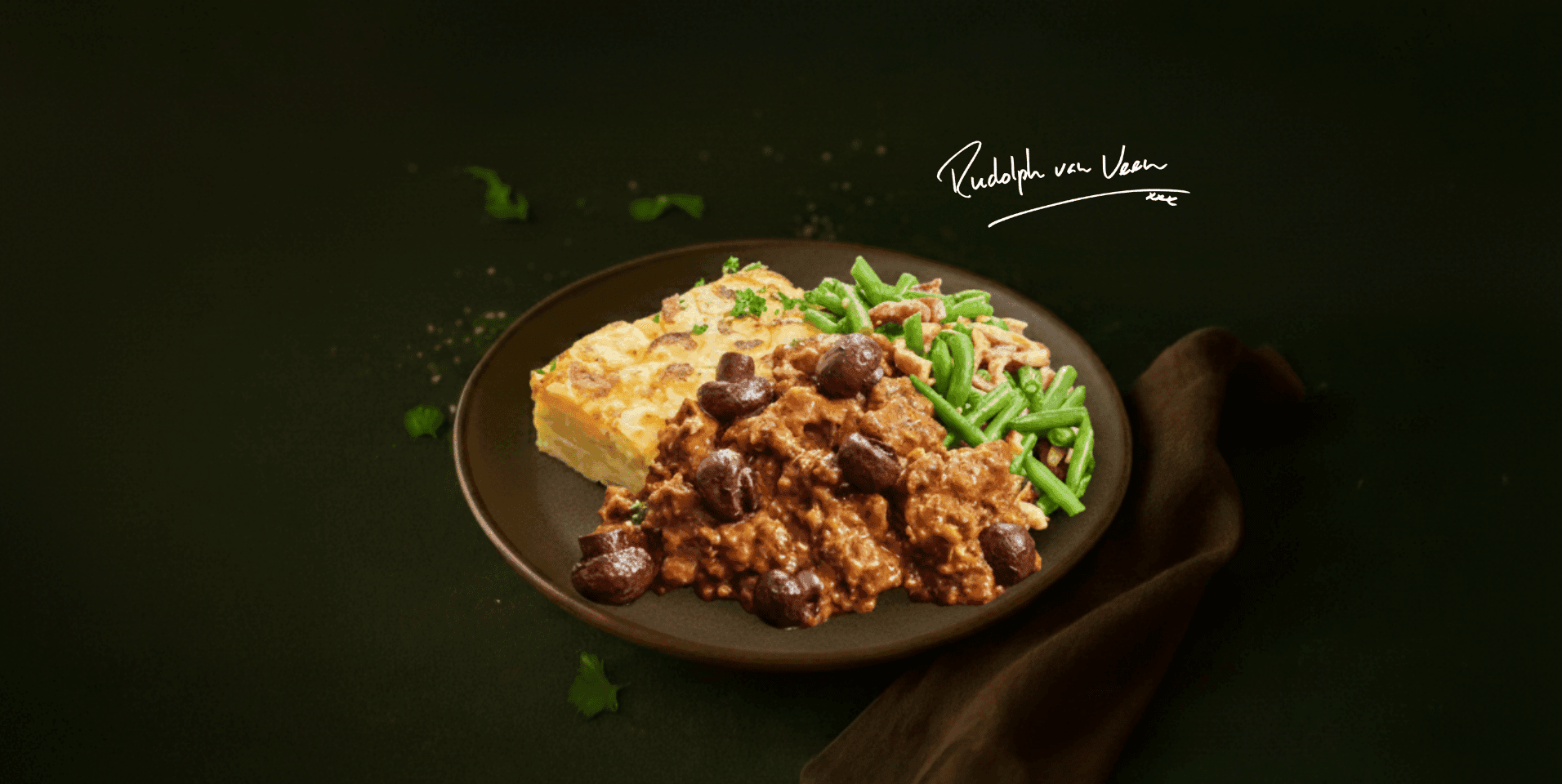 Boeuf bourguignon, sperziebonen en aardappelgratin