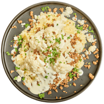 Bloemkoolschotel met vegetarisch gehakt en hollandaisesaus