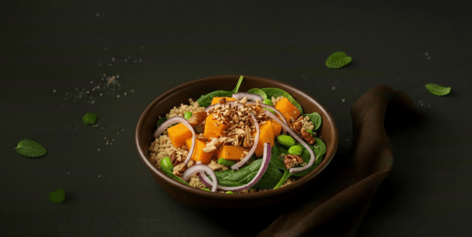 Salad pot met quinoa en pompoen