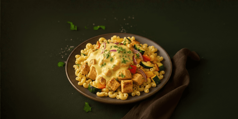 Macaroni met kip in paprikaroomsaus en groenten