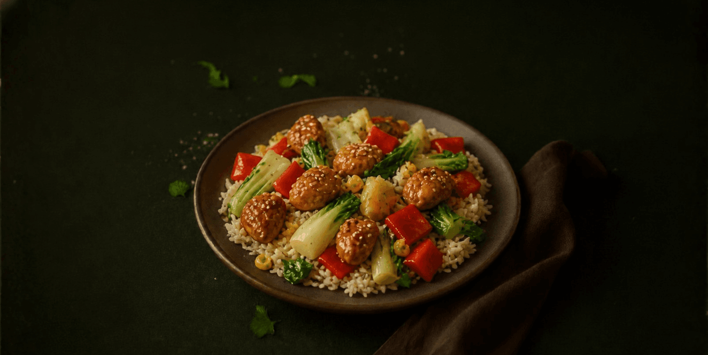 Kip in sesamsaus met rode paprika, paksoi en rijst