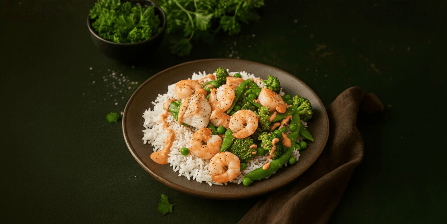 Gamba's met gemberrijst en groene groenten