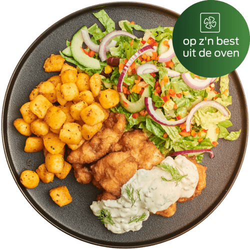 Kibbeling met ravigottesaus, krieltjes en slamix