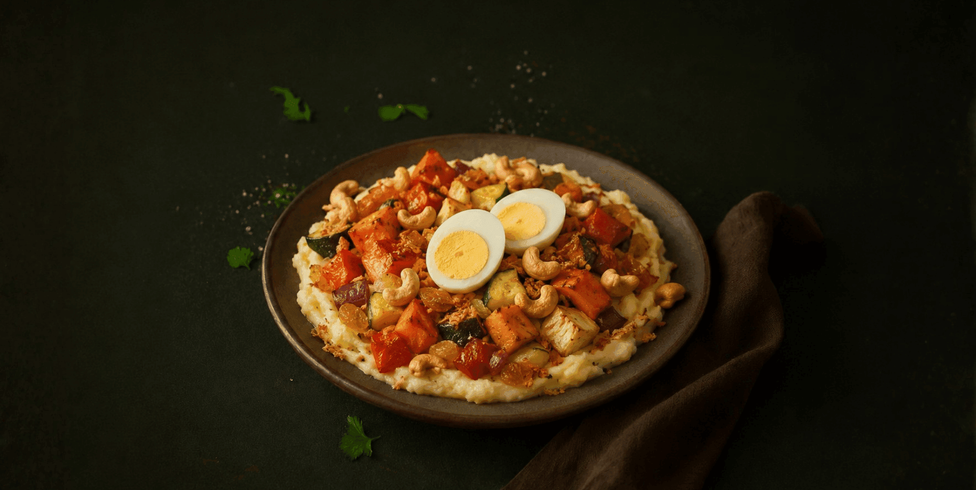 Pastinaakschotel met ratatouille en gekookt ei
