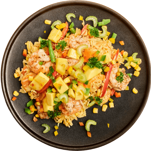 Gamba’s met kruidige rijst en mango chutney