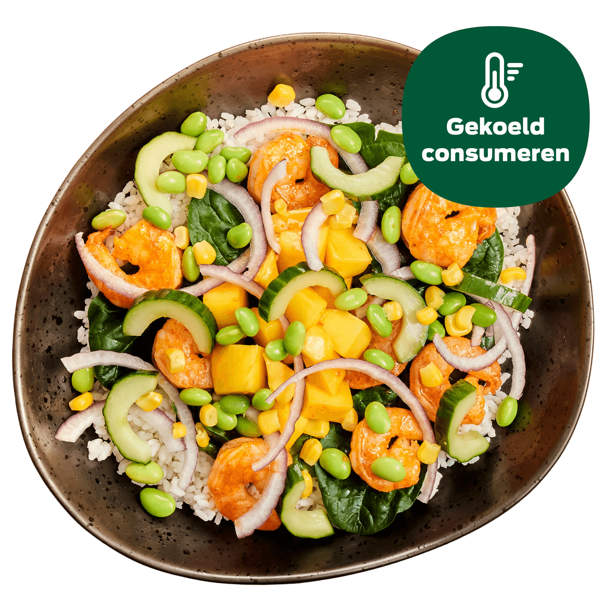 Poké bowl met gemarineerde gamba’s en knapperige groenten
