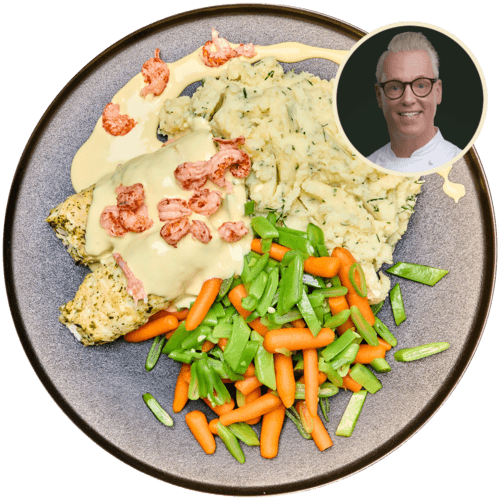 Scholrolletjes in honing-mosterdsaus met groenten en kruidenpuree