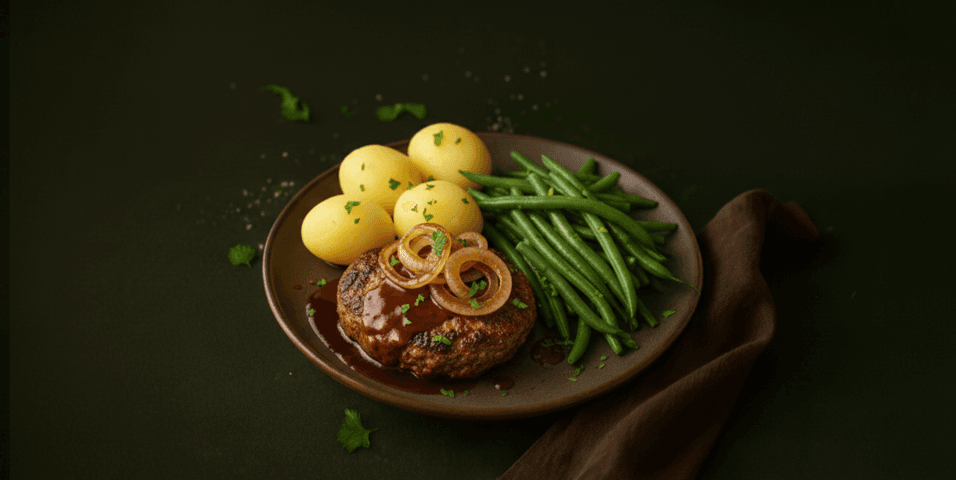 Vegetarische hamburger met sperziebonen en aardappelen