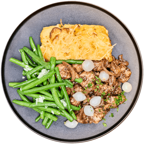 Kip bourguignon met sperziebonen en gratin