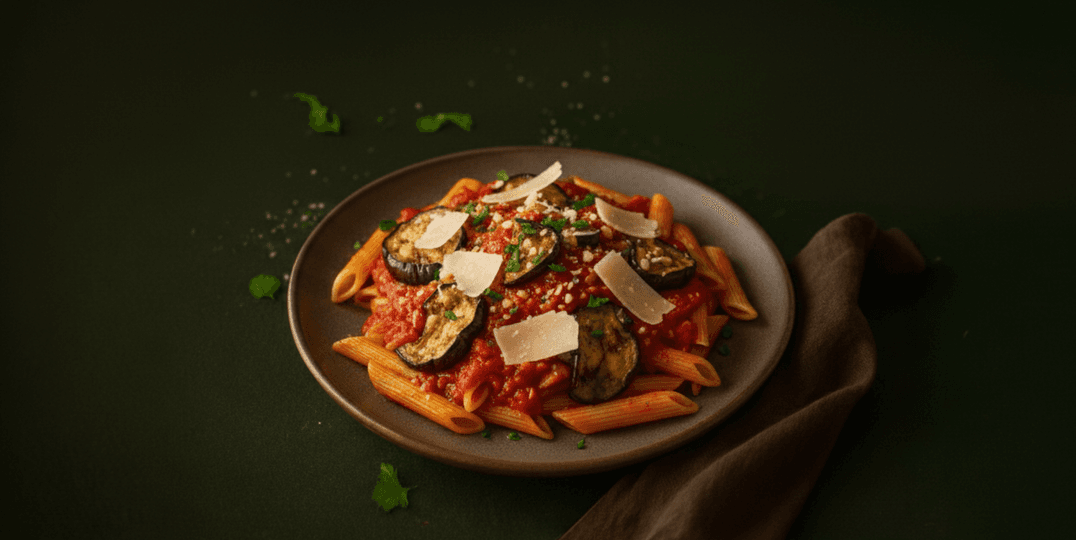 Penne arrabiata met geroosterde aubergine