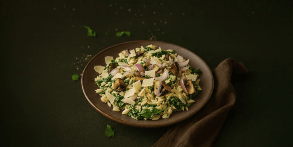 Orzo met spinazie en champignons in roomsaus